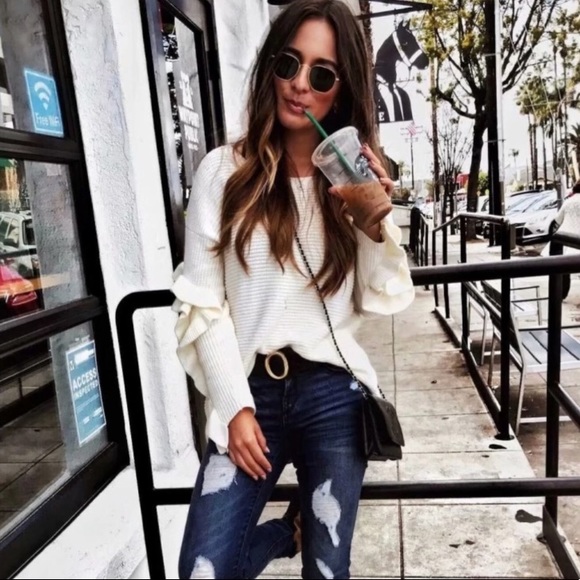 SOLD OUT Ivory Ruffled Sleeve Knit One Size Sweater - Picture 2 of 6